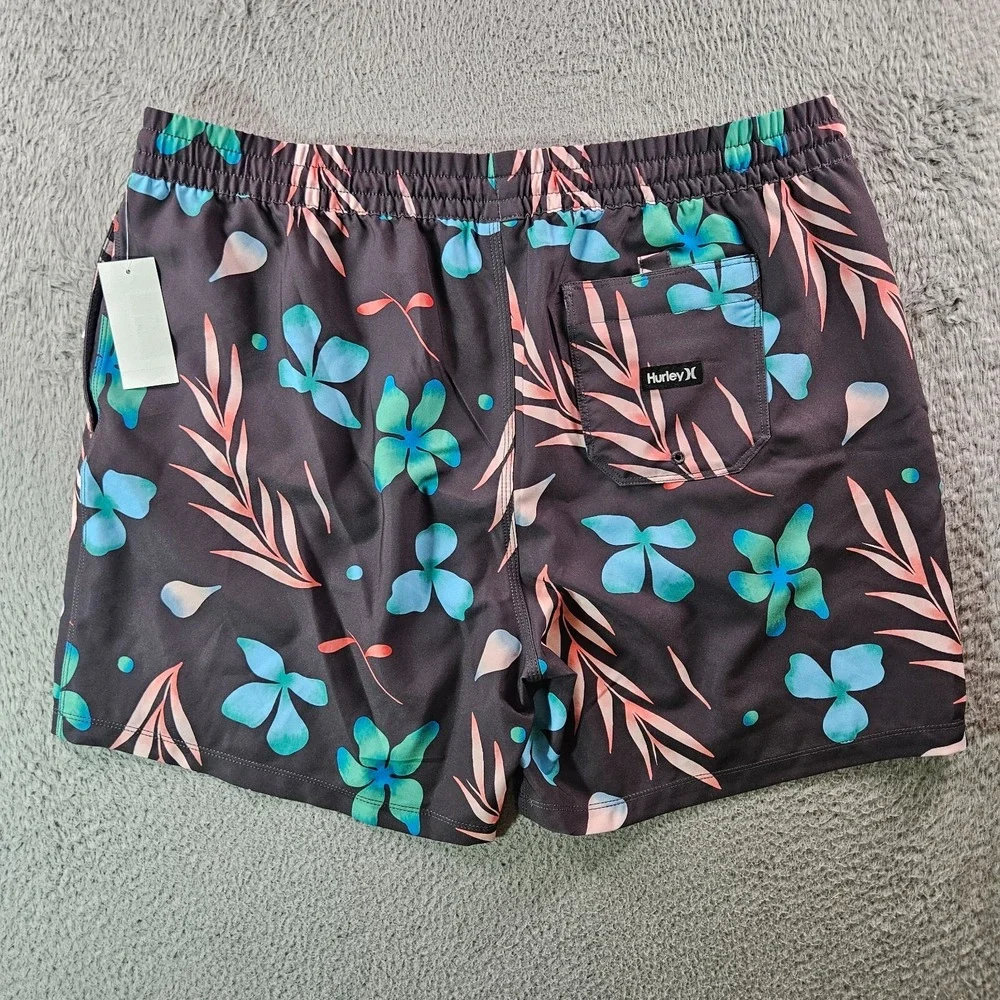NWT Hurley Board Shorts Swim Trunks Men XXL No Liner Floral Leaf Print Gray‎